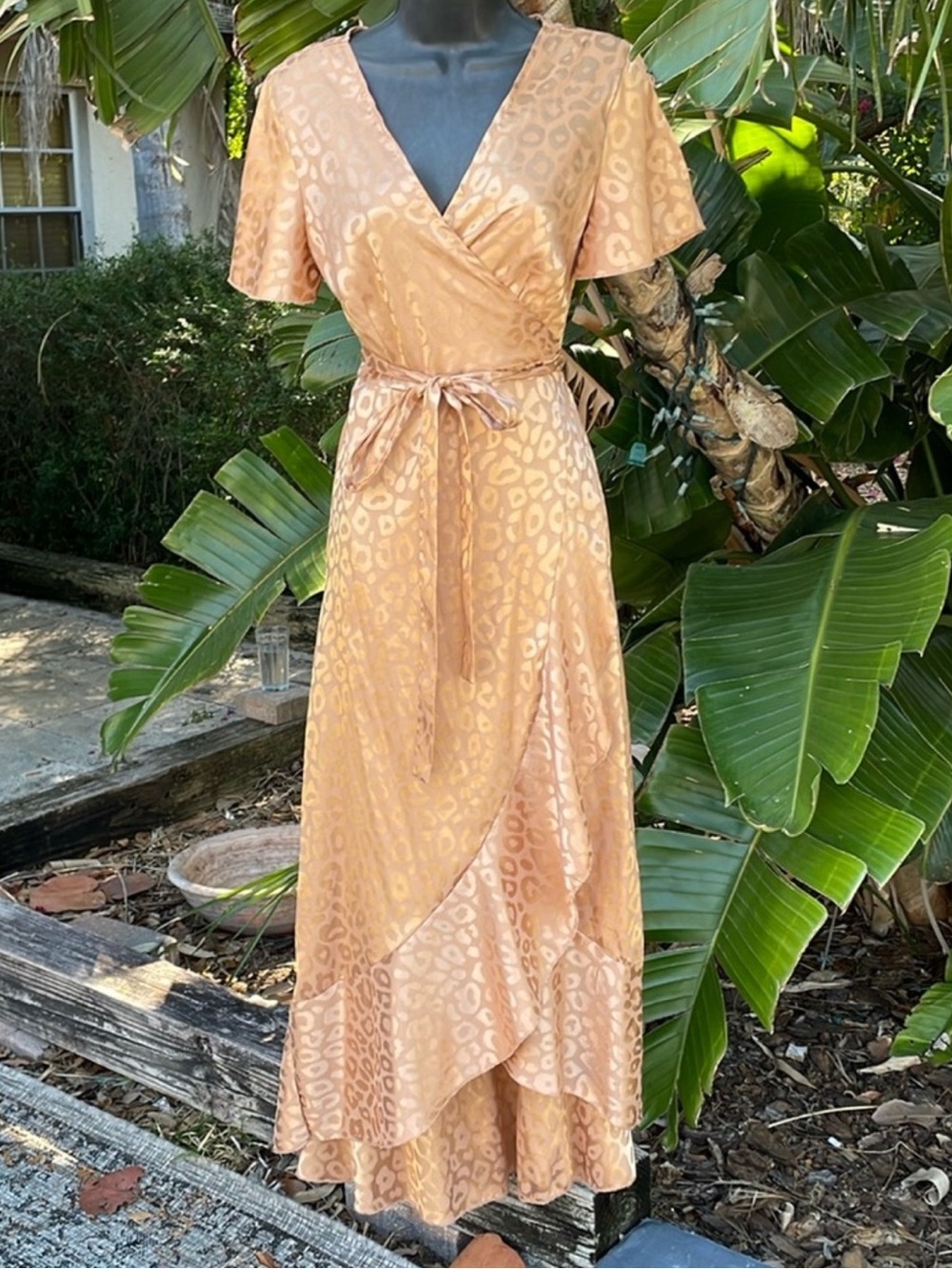 Satin Leopard Print Rose Gold Wrap Dress